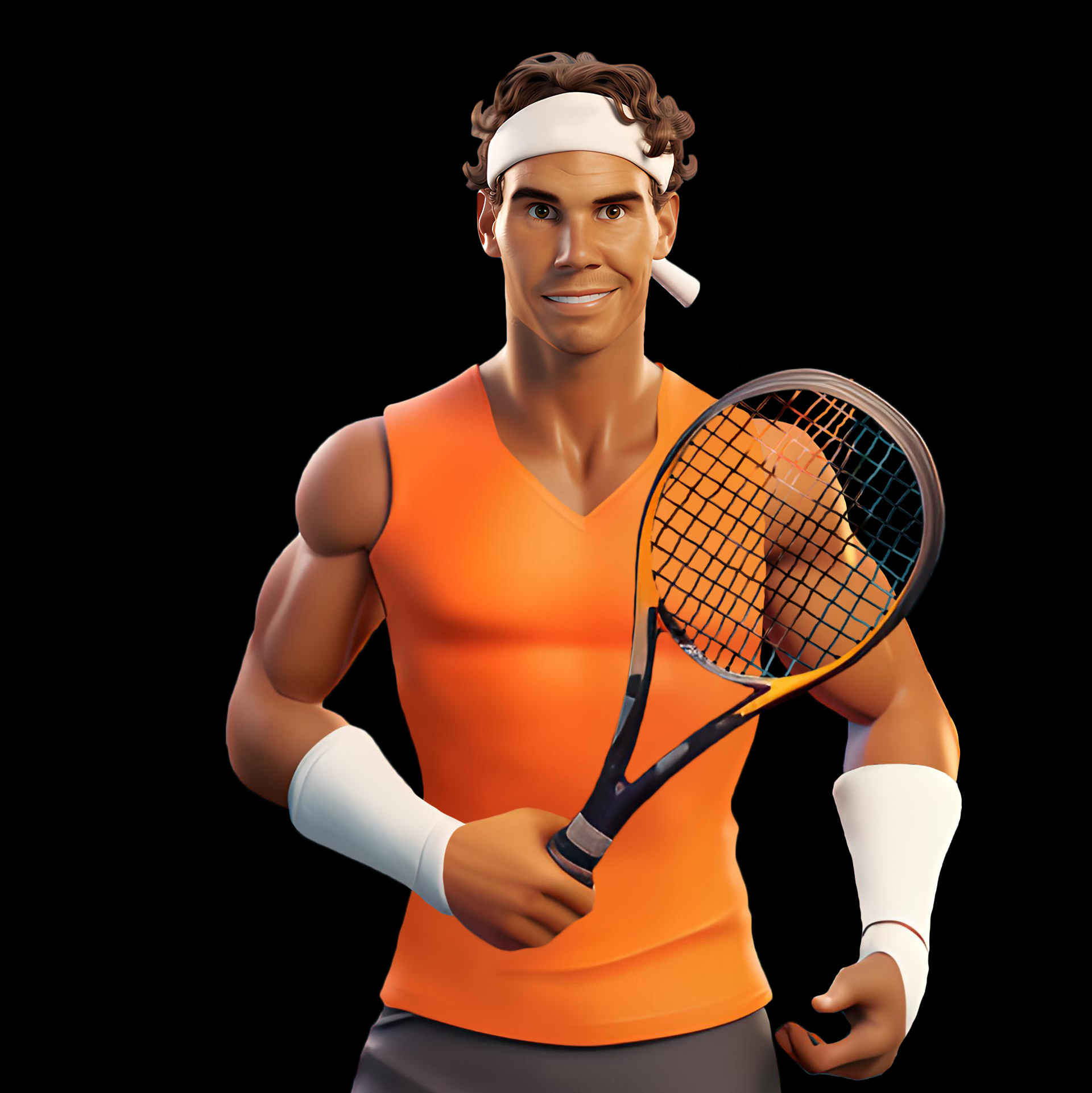 Personaje de tenis ficticio con camiseta naranja y pantalones cortos oscuros, sosteniendo una raqueta con una sonrisa.